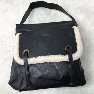 UGG Black Leather and Shearling Sheepskin Trim Shoulder Flap Bag